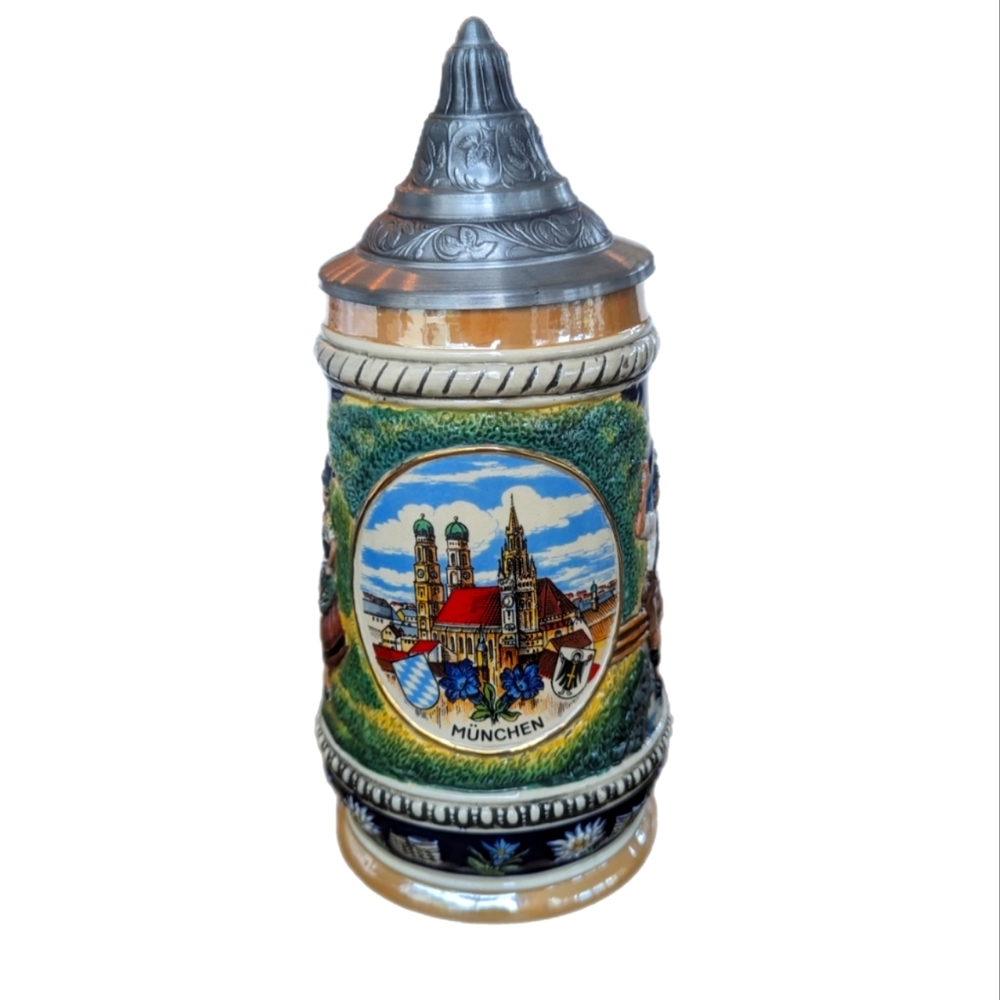 VINTAGE German Beer Stein with Lid, Ceramic Mug, Nature Scene